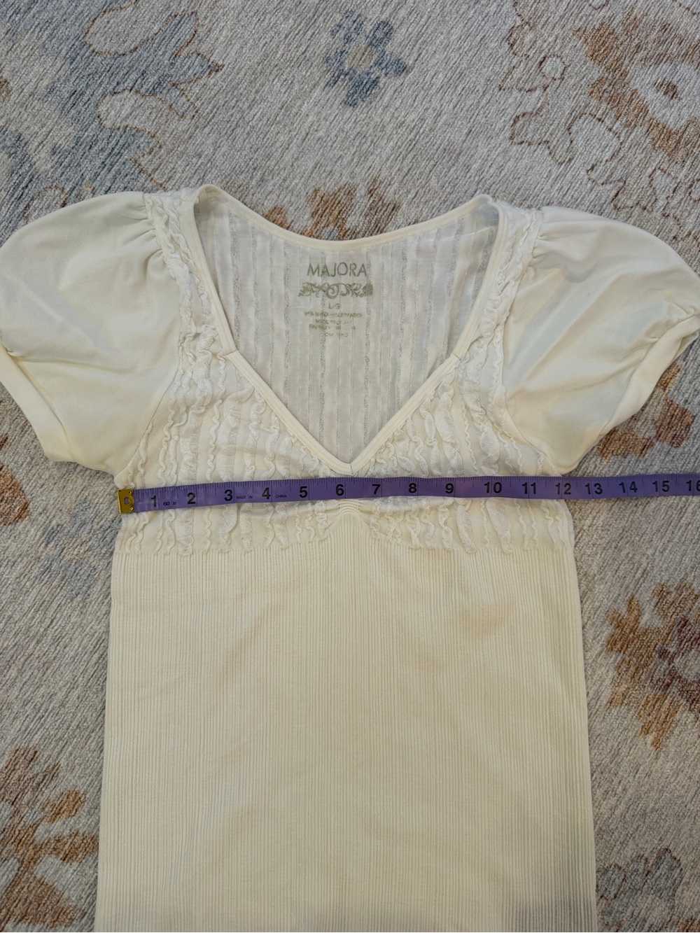 Majora Ivory Ruffle Puff Sleeve Ribbed Top L - Picture 4 of 5